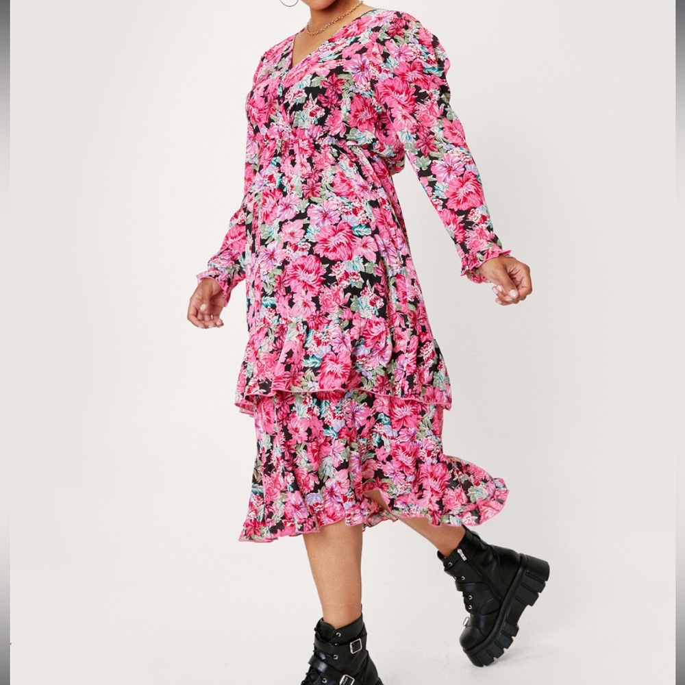 Plus Size Dark Floral Ruffle Midi Dress Pink